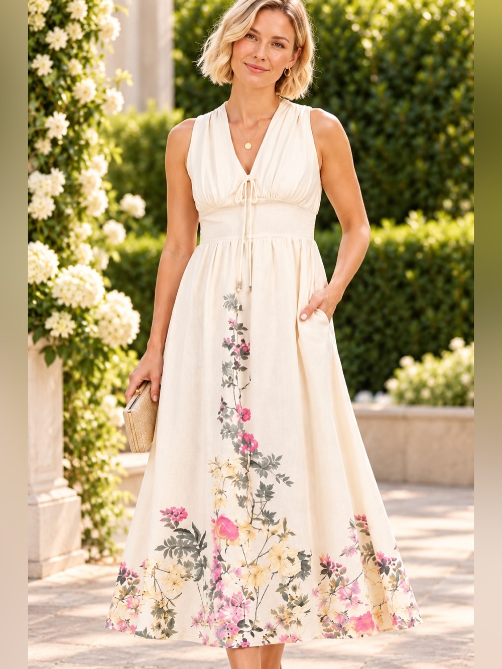 Taylor Ivory Floral Linen Rayon Blend Midi Dress Size 10 NWT